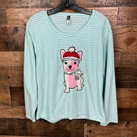 PJ Couture Pajama Top Aqua White Stripe Dog Appliqué Christmas Junior Large - Picture 10 of 10